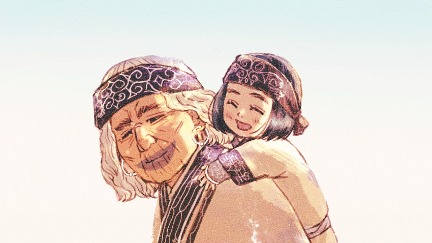 2girls aged_down ainu ainu_clothes asirpa bandana black_hair carrying child closed_eyes closed_mouth earrings facial_tattoo facing_back golden_kamuy gradient_background grey_hair highres hoop_earrings huci jewelry long_sleeves medium_hair mudi_mudi multiple_girls old old_woman open_mouth piggyback robe short_hair sidelighting smile tattoo tekunpe upper_body wavy_hair white_background white_robe wrinkled_skin