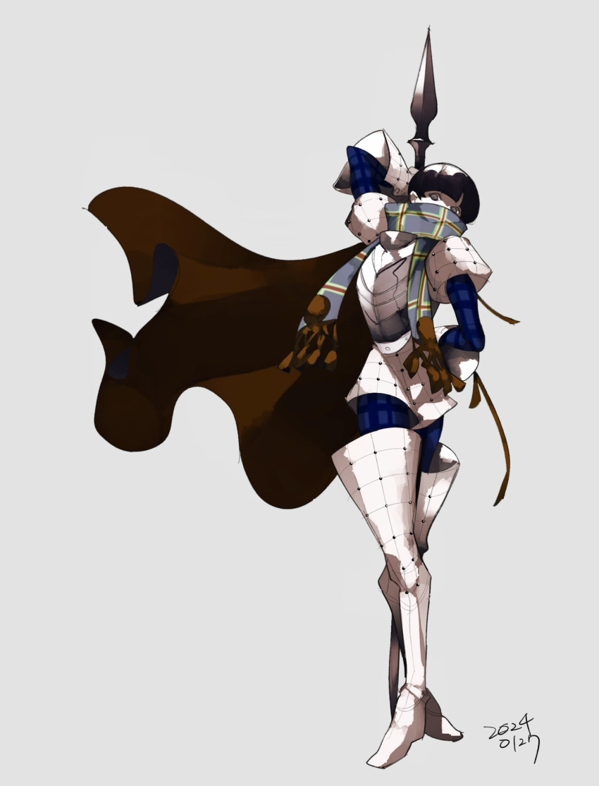 1boy 2024 black_hair boots brown_cape cape commentary_request dated eien12m full_body grey_eyes highres holding holding_polearm holding_weapon male_focus polearm scarf scarf_over_mouth setanta shin_megami_tensei short_hair simple_background solo spear standing thigh_boots weapon white_background white_footwear