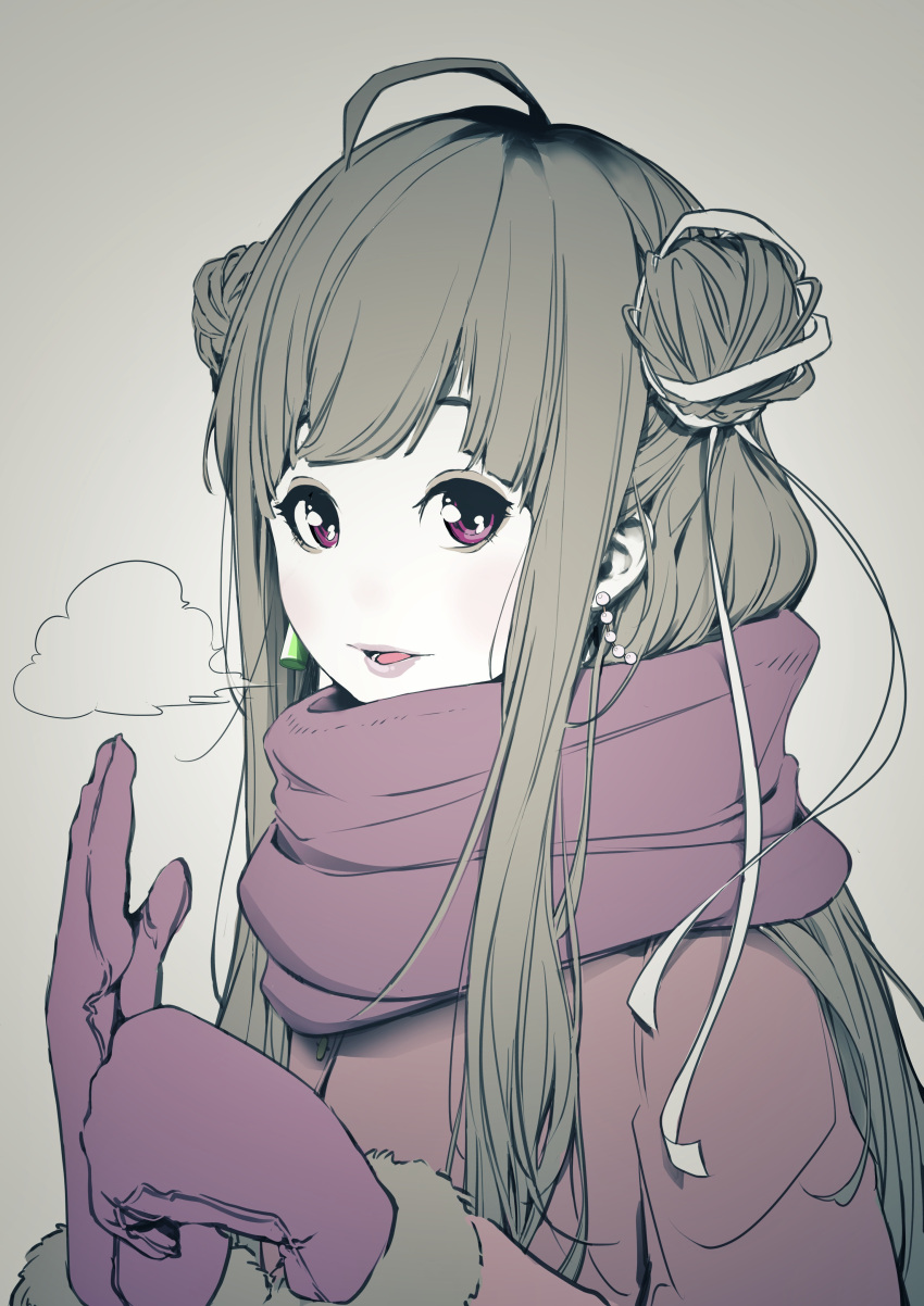 1girl absurdres adjusting_mittens ahoge akinosub blunt_bangs blush breath coat commentary commentary_request double_bun earrings enpera grey_background grey_hair hair_bun highres huma_wat jewelry long_hair looking_at_viewer medium_bangs mittens muted_color nanashi_inc. no_nose open_mouth pearl_earrings purple_coat purple_lips purple_mittens purple_scarf scarf sidelocks simple_background smile solo upper_body v_ap_art violet_eyes