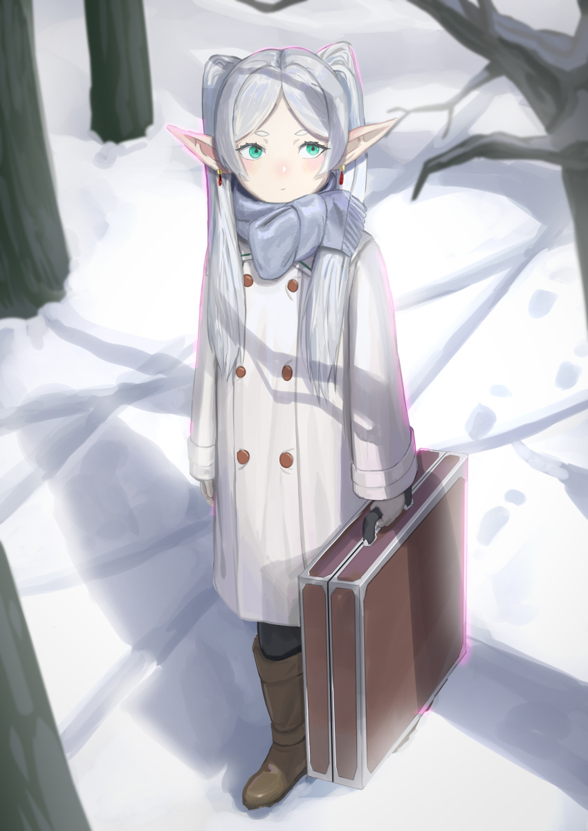 1girl absurdres bare_tree black_pantyhose boots briefcase brown_footwear coat dangle_earrings day drop_earrings earrings elf footprints forest frieren green_eyes grey_hair grey_scarf highres jewelry mohe_er~ nature outdoors pantyhose pointy_ears scarf snow solo sousou_no_frieren tree twintails walking white_coat winter