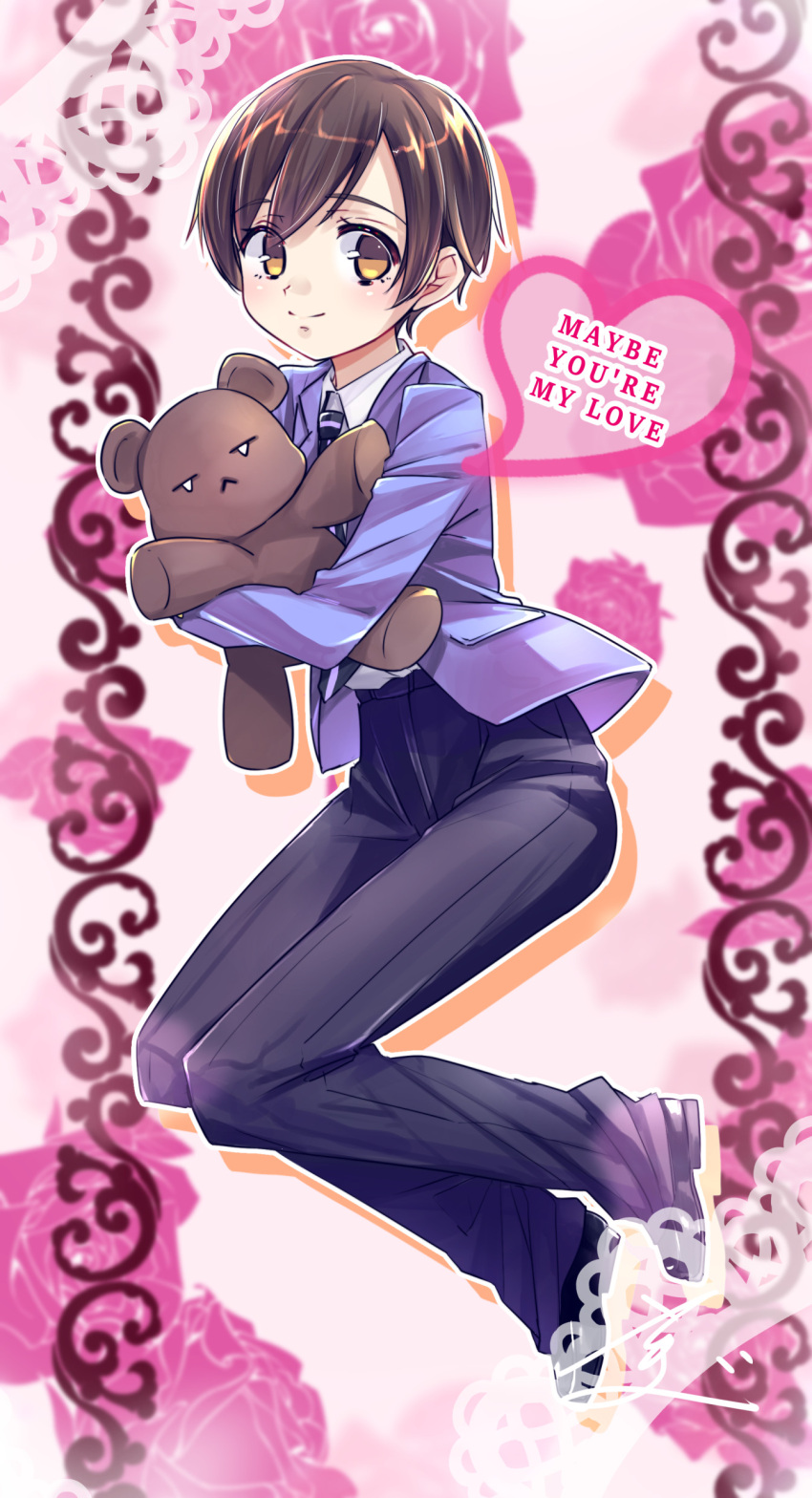1girl absurdres black_pants brown_eyes brown_hair english_text floral_background fujioka_haruhi full_body heart highres holding holding_stuffed_toy light_blush long_sleeves looking_at_viewer ouran_high_school_host_club ouran_high_school_uniform outline pants pink_background reverse_trap school_uniform shoes short_hair smile solo stuffed_animal stuffed_toy teddy_bear usamin00001 white_outline