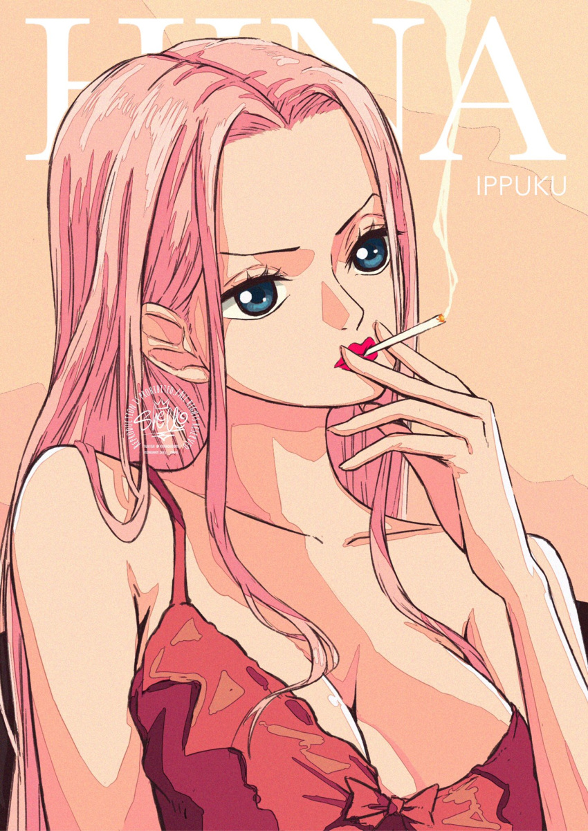1girl blue_eyes character_name cigarette cream_background dress highres hina_(one_piece) looking_to_the_side one_piece pink_hair pink_lips red_dress sherumaru_(korcht06) sidelocks simple_background smoke solo upper_body