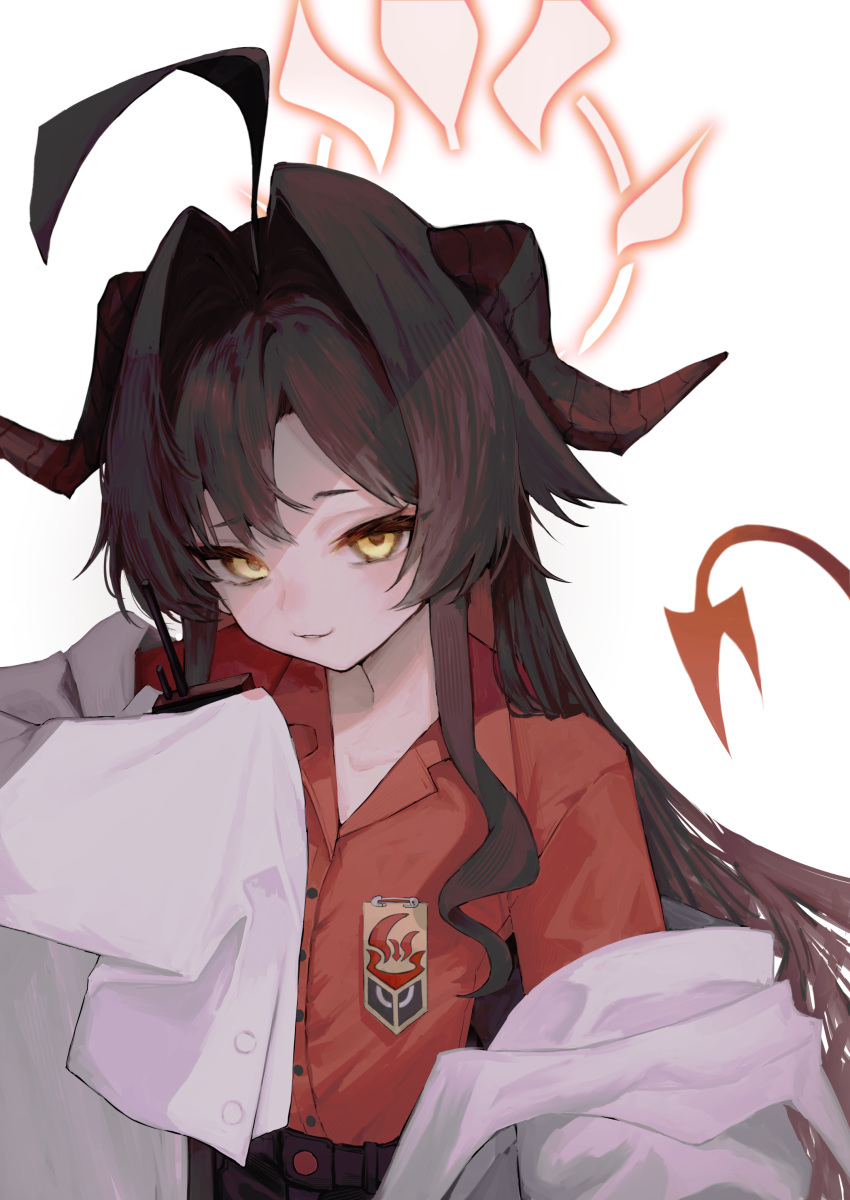 1girl absurdres ahoge black_hair black_horns black_tail blue_archive buttons coat collared_shirt demon_horns demon_tail hair_flaps halo highres horns kasumi_(blue_archive) lab_coat long_hair looking_at_viewer open_mouth red_halo red_shirt shirt shirt_tucked_in simple_background sleeves_past_fingers sleeves_past_wrists smile solo tail white_background white_coat yagiusagi yellow_eyes