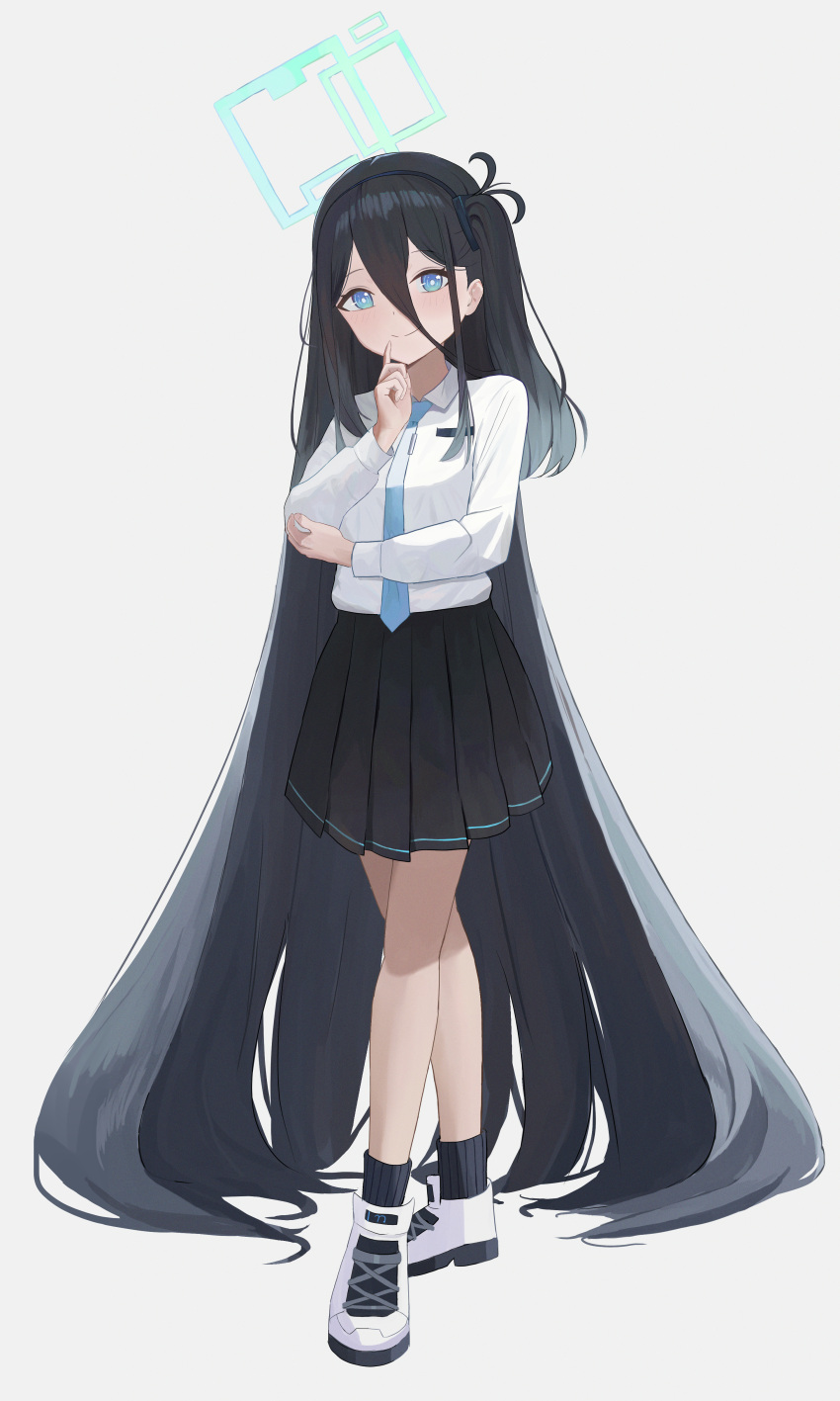 1girl absurdly_long_hair absurdres aris_(blue_archive) blue_archive blue_eyes blush crossed_legs full_body hairband halo hand_on_own_chin highres index_finger_raised kumare_yuki long_bangs long_hair long_sleeves looking_at_viewer necktie one_side_up pleated_skirt shirt_tucked_in shoes skirt smile sneakers socks solo tie_clip very_long_hair watson_cross