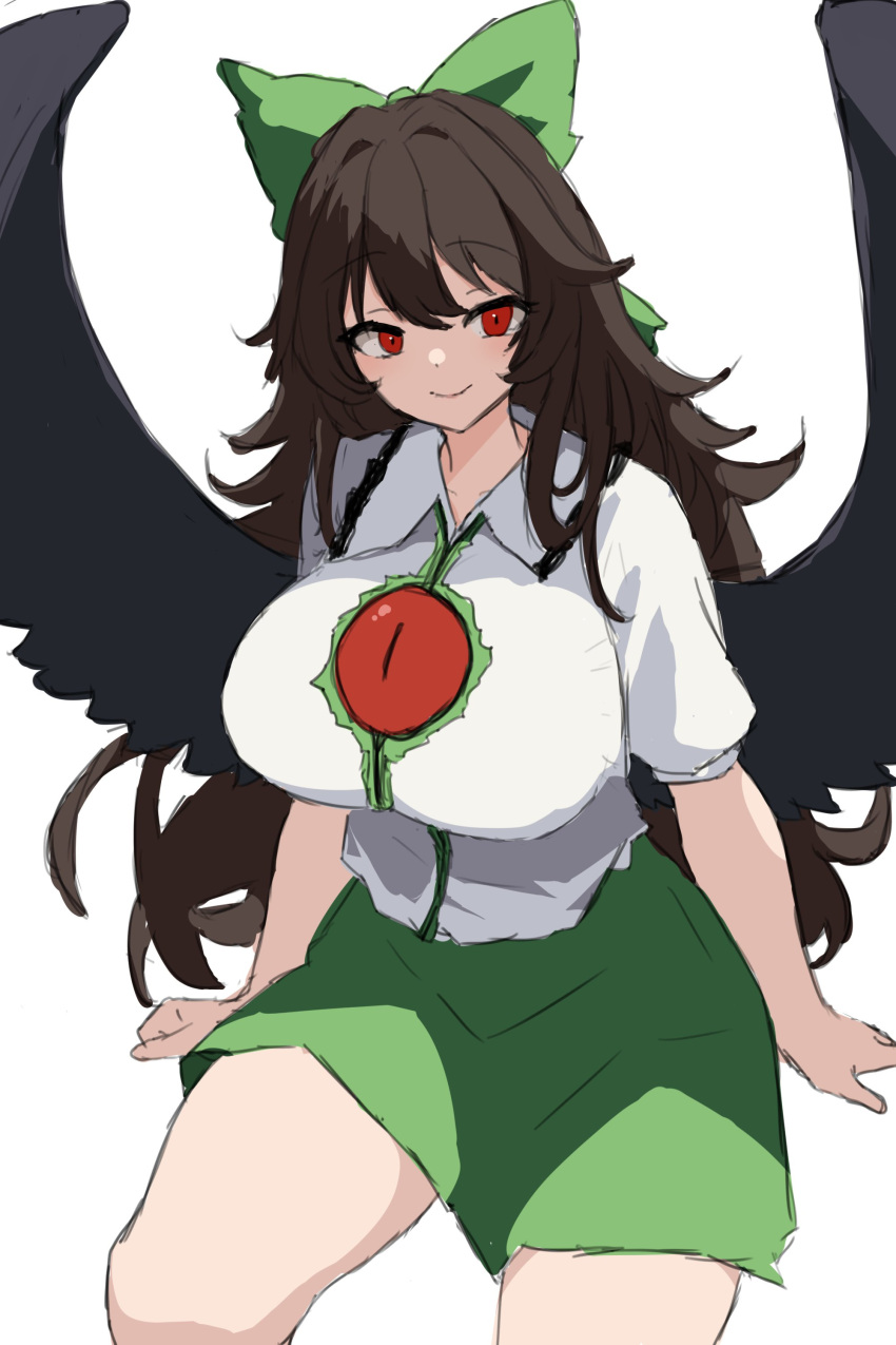 1girl absurdres bird_wings black_bow black_wings bow breasts closed_mouth collared_shirt commentary_request green_skirt hair_bow highres large_breasts looking_at_viewer moriforest1040 red_eyes reiuji_utsuho shirt short_sleeves simple_background skirt smile solo third_eye touhou white_background white_shirt wings