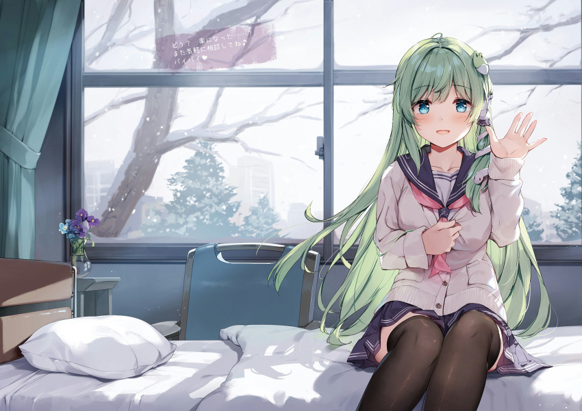 1girl bed bed_sheet blue_eyes blush branch breasts buttons chair curtains day flower frog_hair_ornament green_eyes hair_ornament hair_tubes hand_up highres indoors kochiya_sanae long_hair long_sleeves looking_at_viewer medium_breasts miyase_mahiro non-web_source open_mouth pillow school_uniform shadow sitting skirt smile snake_hair_ornament snow snowing solo table thigh-highs touhou window