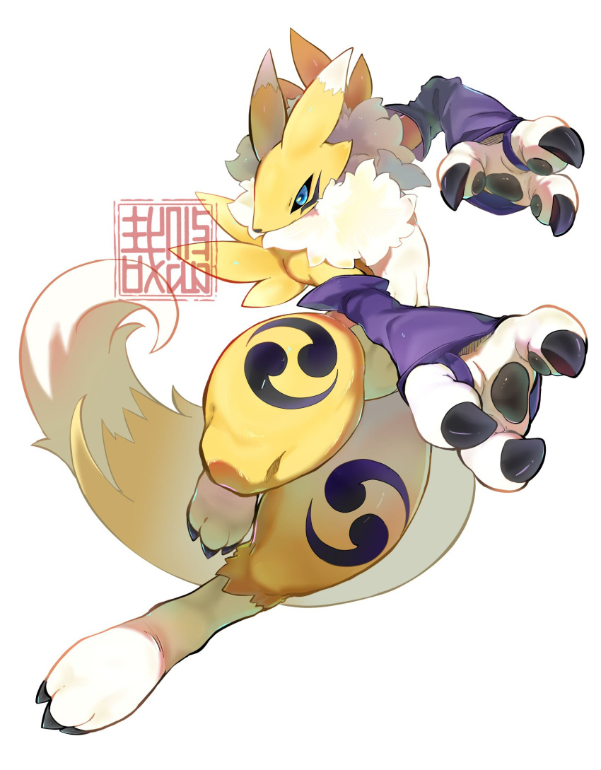 animal_ears animal_nose artist_logo black_claws black_sclera body_fur claws colored_sclera commentary detached_sleeves digimon digimon_(creature) digimon_tamers fewer_digits fox_ears fox_tail full_body furry furry_female highres neck_fur nude pawpads purple_sleeves renamon snout solo symbol-only_commentary tail thick_thighs thighs two-tone_fur white_background white_fur yellow_fur yin_yang youzaiyouzai112
