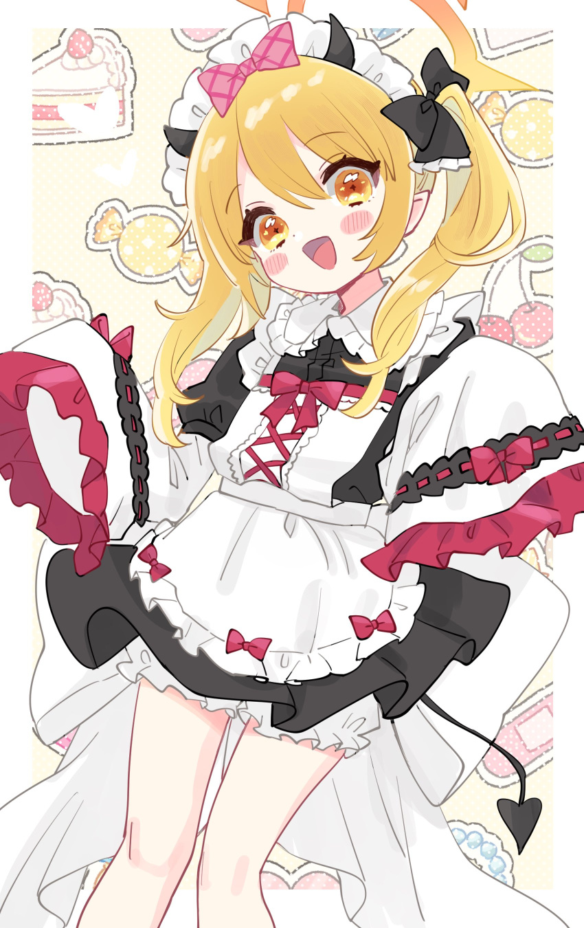 1girl absurdres alternate_costume apron black_dress black_horns black_tail blonde_hair blue_archive blush demon_horns demon_tail dress enmaided feet_out_of_frame frilled_apron frilled_sleeves frills halo highres horns ibuki_(blue_archive) layered_sleeves long_hair maid maid_apron maid_headdress open_mouth pointy_ears saito_katuo side_ponytail sleeves_past_fingers sleeves_past_wrists smile solo tail white_apron yellow_eyes yellow_halo