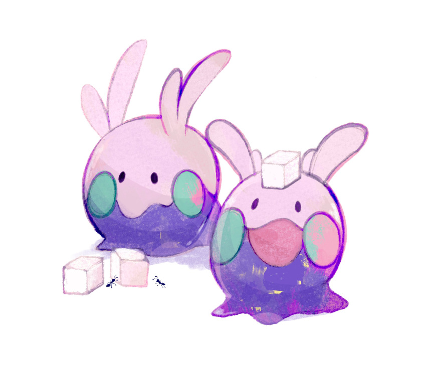 animal_focus ant bug colored_skin commentary food food_on_head full_body goomy highres li04r no_humans object_on_head open_mouth pokemon pokemon_(creature) purple_skin smile solid_oval_eyes sugar_(food) sugar_cube white_background