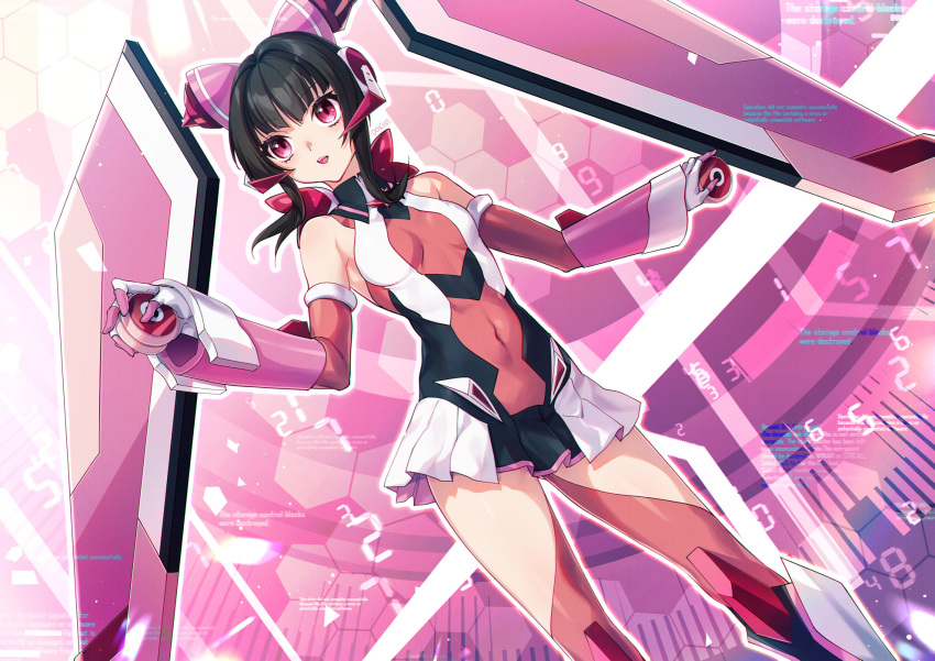 1girl black_hair breasts covered_navel elbow_gloves feet_out_of_frame frilled_skirt frills gloves headgear highres leotard long_bangs looking_ahead pink_eyes pink_thighhighs poichomo senki_zesshou_symphogear short_hair skin_tight skirt small_breasts smile solo symphogear_pendant teeth thigh-highs tsukuyomi_shirabe upper_teeth_only