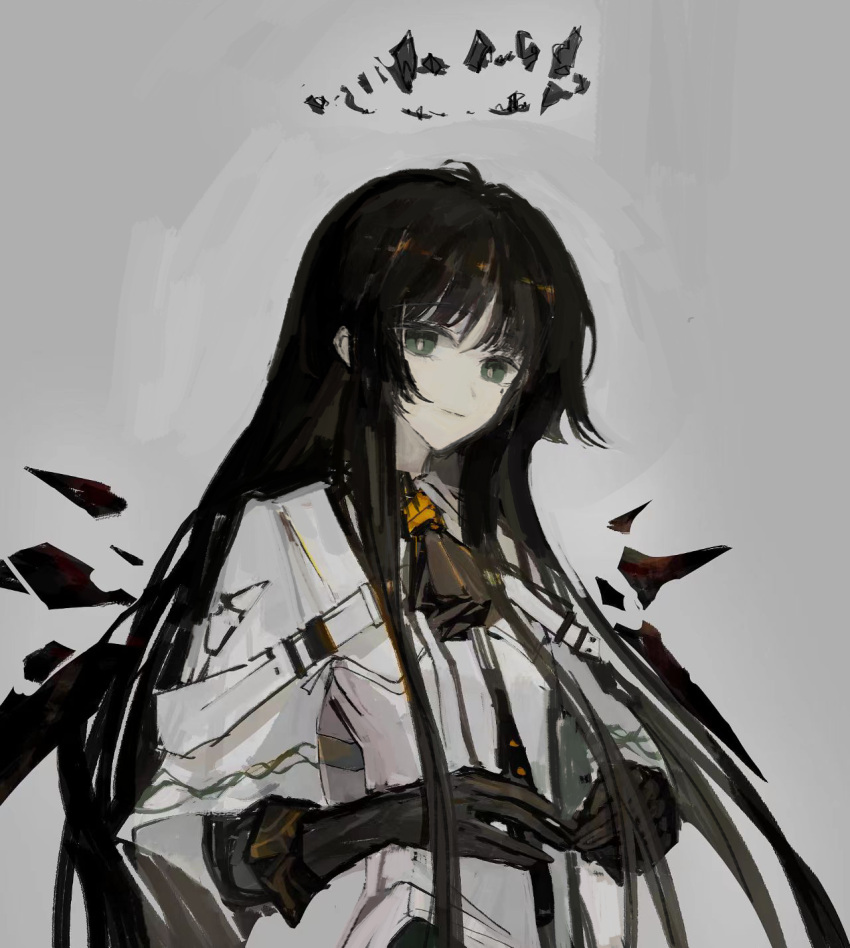 1girl arknights black_eyes black_gloves black_hair chinese_commentary closed_mouth commentary_request freja678 gloves grey_background highres jacket layered_sleeves long_hair long_sleeves looking_at_viewer mole mole_under_eye revision short_over_long_sleeves short_sleeves simple_background smile solo upper_body very_long_hair virtuosa_(arknights) white_jacket
