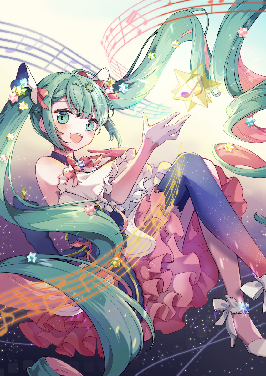 1girl absurdres ankle_strap blue_eyes blush dress floating floating_hair frilled_dress frills gloves hair_ornament hairclip halter_dress halterneck hatsune_miku high_heels highres knees_up long_hair looking_at_viewer multicolored_hair musical_note nagitofuu neck_ribbon open_mouth pink_hair ribbon single_thighhigh small_stellated_dodecahedron smile solo space_print sparkle staff_(music) star_(symbol) star_hair_ornament starry_sky_print sweater thigh-highs very_long_hair vocaloid