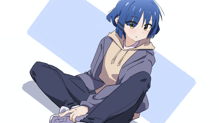1girl absurdres blazer blue_hair blue_pants bob_cut bocchi_the_rock! closed_mouth grey_jacket highres hood hood_down hoodie jacket light_blush long_sleeves looking_to_the_side oekakiism open_clothes open_jacket pants raised_eyebrows shirt shoes sitting sneakers solo translation_request white_footwear white_shirt yamada_ryo yellow_eyes yellow_hoodie