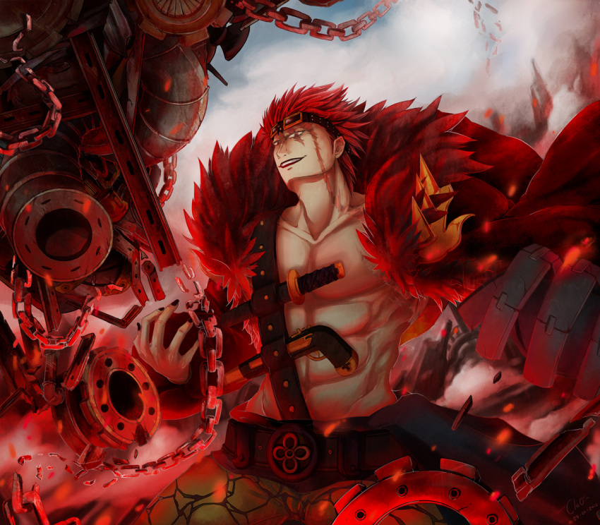 1boy abs black_nails chain coat collarbone commentary english_commentary eustass_kid fur_coat goggles goggles_on_head looking_at_viewer male_focus mechanical_arms nail_polish one_piece redhead scar scar_across_eye scar_on_face short_hair single_mechanical_arm smile solo teeth youkokurama1