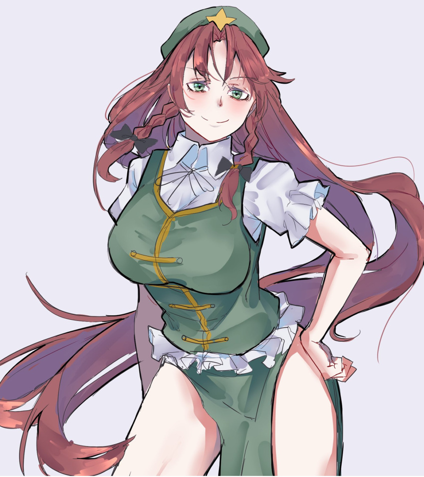 1girl braid breasts closed_mouth collared_shirt cowboy_shot green_eyes green_headwear green_vest grey_background hat_ornament highres hong_meiling kanaria_(bocmn) long_hair looking_at_viewer parted_bangs redhead shirt short_sleeves side_braids simple_background smile solo star_(symbol) star_hat_ornament touhou twin_braids very_long_hair vest white_shirt