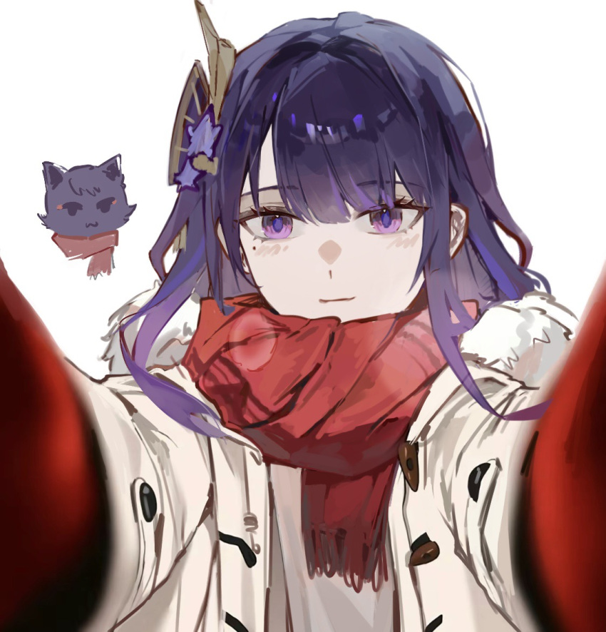 1girl blunt_bangs closed_mouth coat fur_collar genshin_impact gloves hair_ornament hands_on_another's_cheeks hands_on_another's_face hands_up kis7908992 light_blush light_smile looking_at_viewer mole mole_under_eye open_clothes open_coat pov purple_hair raiden_shogun red_gloves red_scarf scaramouche_(cat)_(genshin_impact) scaramouche_(genshin_impact) scarf simple_background solo violet_eyes white_background winter_clothes