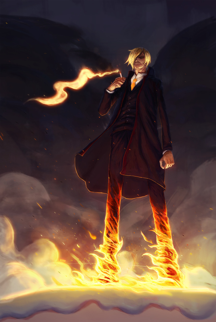 1boy blonde_hair cigarette closed_mouth commentary curly_eyebrows english_commentary facial_hair fire formal full_body goatee hair_over_one_eye highres holding holding_cigarette ksop male_focus necktie one_eye_covered one_piece orange_necktie sanji_(one_piece) short_hair solo standing suit