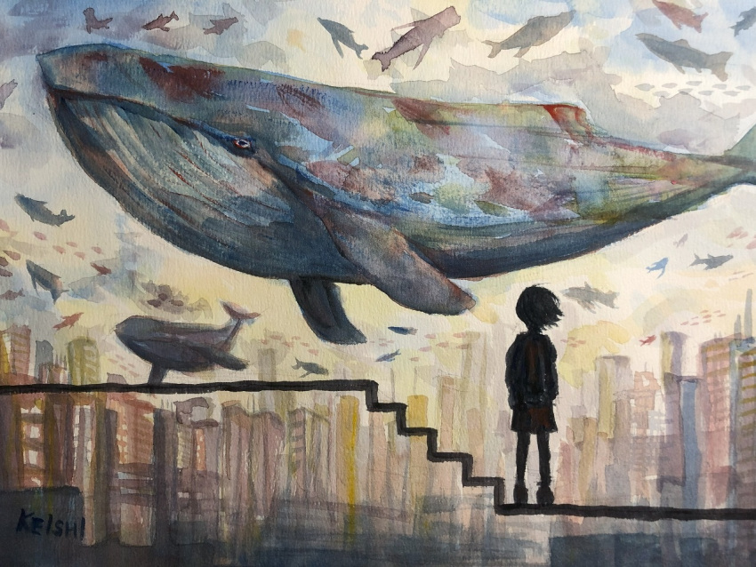 1girl artist_name building city clouds cloudy_sky fantasy flying_whale keishi_(pixiv_1245064) original outdoors painting_(medium) short_hair silhouette sky solo standing traditional_media watercolor_(medium) whale