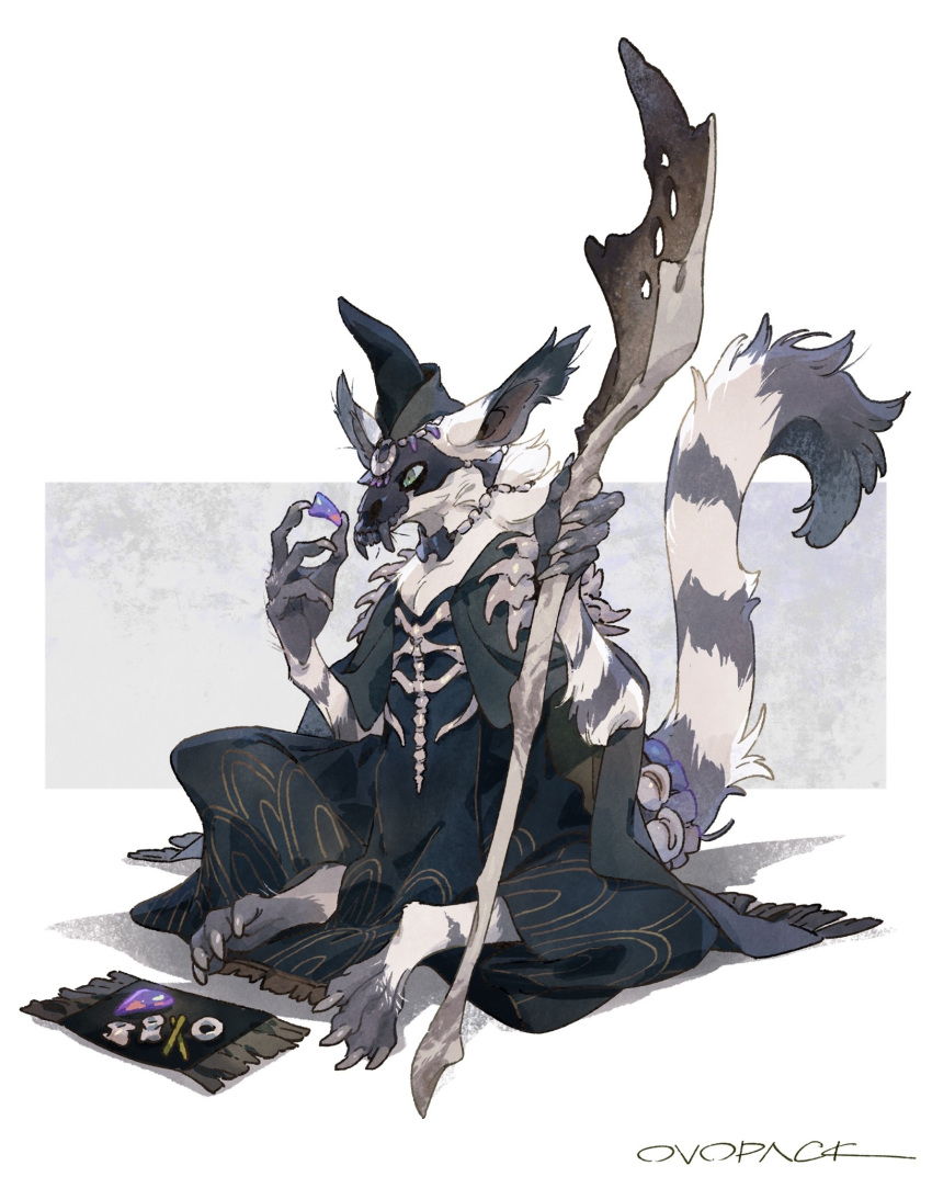1other androgynous artist_name barefoot black_capelet black_headwear black_robe body_fur bone bone_necklace bone_weapon capelet claws commentary fewer_digits fringe_trim from_side full_body furry furry_other gem green_eyes grey_nails hands_up hat highres holding holding_gem holding_staff mask murayama_ryouta original pelvic_curtain purple_gemstone robe rug signature simple_background sitting skull skull_mask solo staff tail tail_ornament tail_raised white_background white_fur