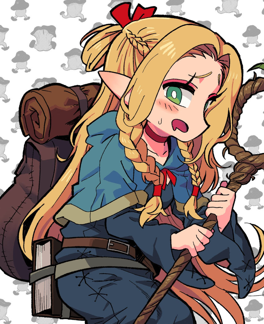 1girl belt_pouch blonde_hair blue_capelet brown_bag capelet dungeon_meshi elf green_eyes highres holding holding_stick long_hair looking_at_viewer marcille_donato pointy_ears pouch red_ribbon ribbon satanmanse stick very_long_hair white_background worried