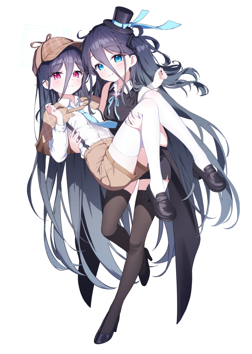 &lt;key&gt;_(blue_archive) 2girls absurdly_long_hair absurdres aris_(blue_archive) black_footwear black_hair black_headwear black_skirt black_thighhighs blue_archive blue_eyes blue_halo blush brown_capelet brown_headwear brown_shorts capelet closed_mouth collared_shirt detective full_body halo hat high_heels highres long_hair long_sleeves mini_hat mini_top_hat multiple_girls one_side_up red_eyes shirt shoes shorts simple_background skirt sleeveless smile supersugar thigh-highs top_hat very_long_hair white_background white_shirt white_thighhighs