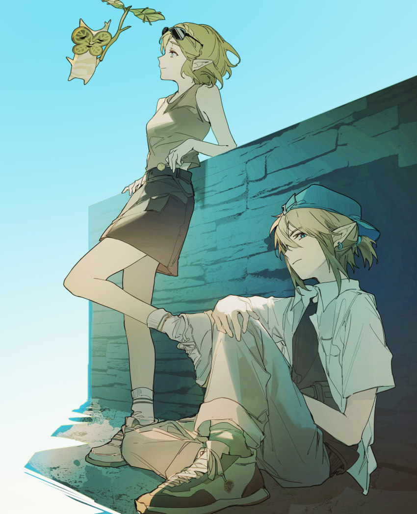 1boy 1girl absurdres backwards_hat bare_arms bare_shoulders baseball_cap black_shirt blonde_hair blue_background blue_headwear braid breasts brick_wall casual collared_shirt creature crown_braid earrings eyewear_on_head full_body grey_pants grey_shirt grey_skirt hair_between_eyes hat highres holding holding_leaf jewelry korok leaf leaning_on_object link low_ponytail medium_breasts medium_hair open_clothes open_shirt pants parted_bangs pointy_ears princess_zelda shirt shirt_under_shirt shoes short_hair short_ponytail sidelocks sitting skirt sleeveless sleeveless_shirt sneakers socks the_legend_of_zelda the_legend_of_zelda:_tears_of_the_kingdom white_footwear white_shirt white_socks yuno_11_02