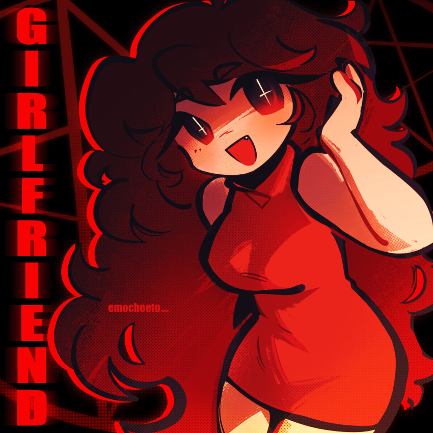 1girl :d artist_name breasts brown_hair character_name cross-shaped_pupils dress emocheeto fangs fangs_out friday_night_funkin' girlfriend_(friday_night_funkin') gradient_hair hand_in_own_hair highres looking_at_viewer medium_breasts multicolored_hair red_dress red_eyes sleeveless smile symbol-shaped_pupils thighs