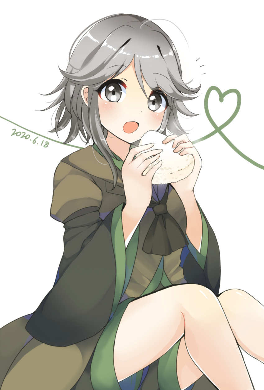 1other androgynous ascot black_shirt brown_ascot brown_coat brown_shorts coat commentary_request dated food green_trim grey_eyes grey_hair heart heart_of_string highres holding holding_food houlen_yabusame len'en long_sleeves notice_lines onigiri open_mouth other_focus ougi_hina shirt short_hair_with_long_locks shorts simple_background sitting smile solo white_background wide_sleeves