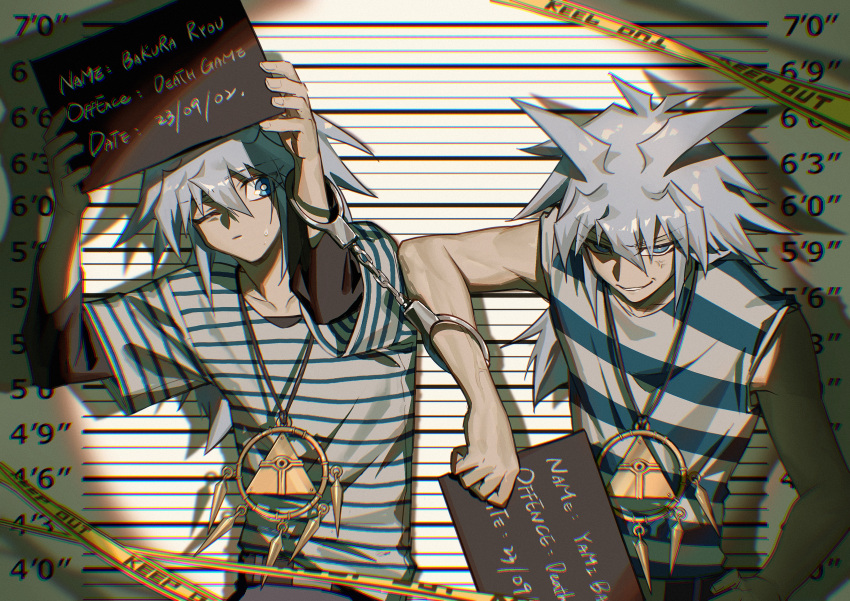 2boys absurdres anger_vein bakura_ryou blue_eyes caution_tape dated_commentary grin highres holding keep_out lineup long_hair looking_at_another looking_at_viewer male_focus millennium_ring mugshot multiple_boys one_eye_closed shared_handcuffs shirt sign sleeveless smile spiky_hair striped_clothes striped_shirt sweat sweatdrop tank_top upper_body white_hair xiao_(creation0528) yami_bakura yu-gi-oh! yu-gi-oh!_duel_monsters