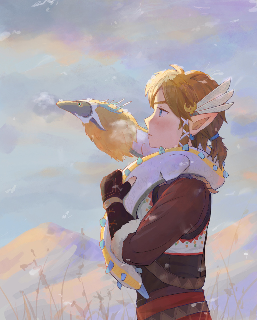 1boy blue_eyes brown_hair brown_jacket earrings feather_hair_ornament feathers fingerless_gloves from_side fur-trimmed_jacket fur_trim gloves hair_ornament highres jacket jewelry light_dragon_(zelda) link maway mini_dragon mountainous_horizon overcast pointy_ears short_ponytail sky snowquill_set_(zelda) the_legend_of_zelda the_legend_of_zelda:_tears_of_the_kingdom