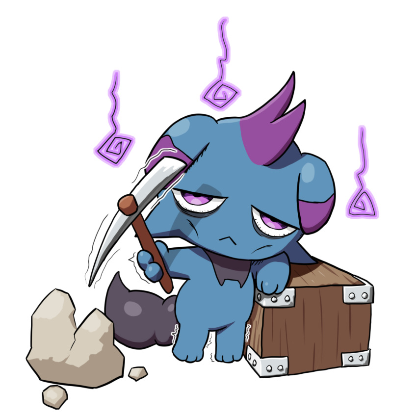 crate depresso full_body highres holding holding_pickaxe jqvpl123 looking_at_viewer pal_(creature) palworld pickaxe rock simple_background solo violet_eyes white_background