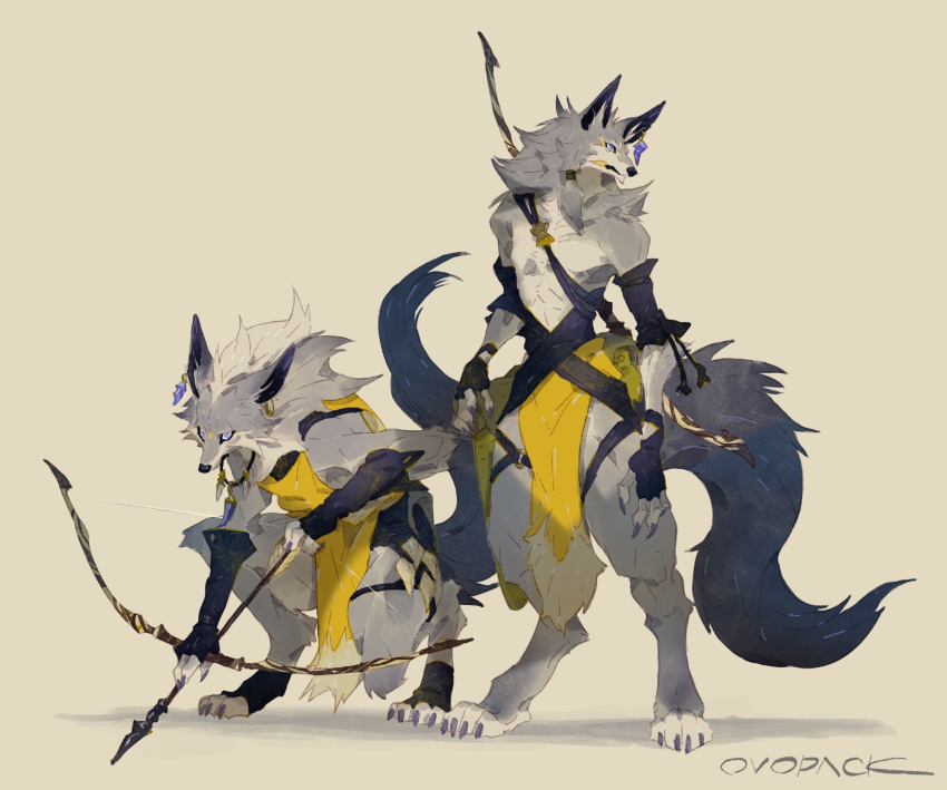 1boy 1girl androgynous animal_ears arrow_(projectile) artist_name asymmetrical_gloves barefoot black_gloves blue_gloves body_fur bow_(weapon) claws commentary detached_sleeves digitigrade drawing_bow earrings elbow_gloves fewer_digits fingerless_gloves full_body furry furry_female furry_male gloves grey_fur highres holding holding_bow_(weapon) holding_weapon jewelry looking_at_viewer looking_to_the_side mismatched_gloves murayama_ryouta original pelvic_curtain pendant shirt signature simple_background single_earring squatting standing tail thigh_strap violet_eyes weapon weapon_on_back wolf_boy wolf_ears wolf_girl wolf_tail yellow_background yellow_shirt