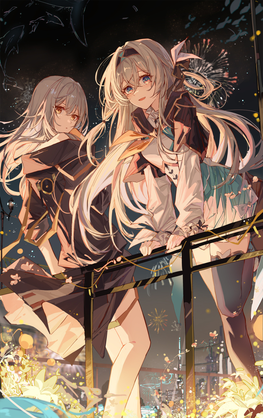 2girls absurdres against_railing black_hairband black_jacket black_thighhighs bow chestnut_mouth dress firefly_(honkai:_star_rail) fireworks floating_hair from_behind grey_hair hair_between_eyes hair_bow hairband highres honkai:_star_rail honkai_(series) jacket long_hair long_sleeves looking_at_viewer medium_hair multicolored_eyes multiple_girls night night_sky off_shoulder open_mouth outdoors parted_lips railing sky smile standing stelle_(honkai:_star_rail) thigh-highs trailblazer_(honkai:_star_rail) white_dress yajuu yellow_eyes