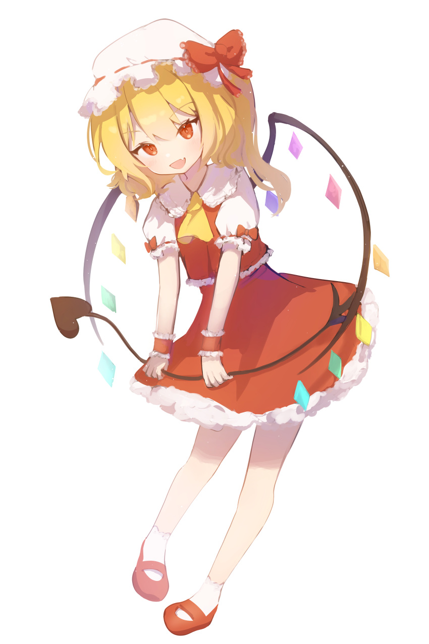 1girl absurdres ascot blonde_hair blush collared_shirt crystal fang flandre_scarlet frilled_sleeves frills full_body hat highres laevatein_(touhou) long_hair mang mob_cap one_side_up open_mouth puffy_short_sleeves puffy_sleeves red_eyes red_footwear red_skirt red_vest revision shirt shoes short_sleeves simple_background skin_fang skirt smile socks solo touhou vest white_background white_headwear white_shirt white_socks wings wrist_cuffs yellow_ascot