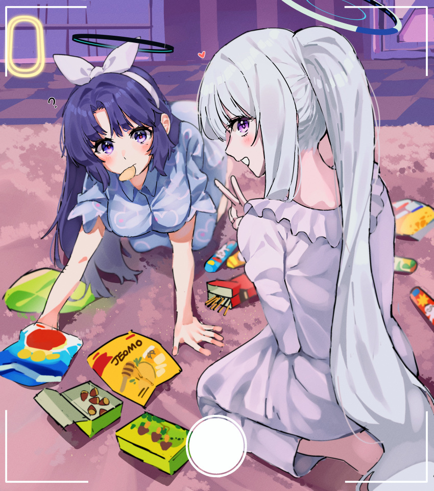 2girls ? absurdres artist_name blue_archive blue_pajamas blush breasts checkered_floor closed_mouth food grey_hair halo heart highres je_o_mo kinoko_no_yama kneeling long_hair long_sleeves mechanical_halo medium_breasts multiple_girls noa_(blue_archive) official_alternate_costume open_mouth pajamas pocky ponytail purple_hair short_sleeves sketch smile violet_eyes white_pajamas yuuka_(blue_archive)