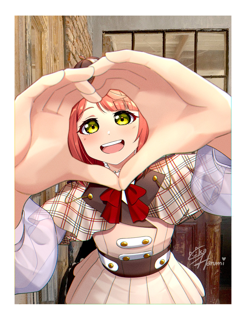 1girl absurdres belt brown_belt brown_jacket brown_skirt green_eyes heart heart_hands highres jacket long_sleeves looking_at_viewer love_live! love_live!_nijigasaki_high_school_idol_club oonishi_aguri open_mouth photo-referenced photo_background pink_hair plaid_capelet pleated_skirt red_ribbon ribbon shirt signature ska.harumi skirt solo swept_bangs teeth uehara_ayumu upper_body upper_teeth_only voice_actor_connection walking_dream white_shirt