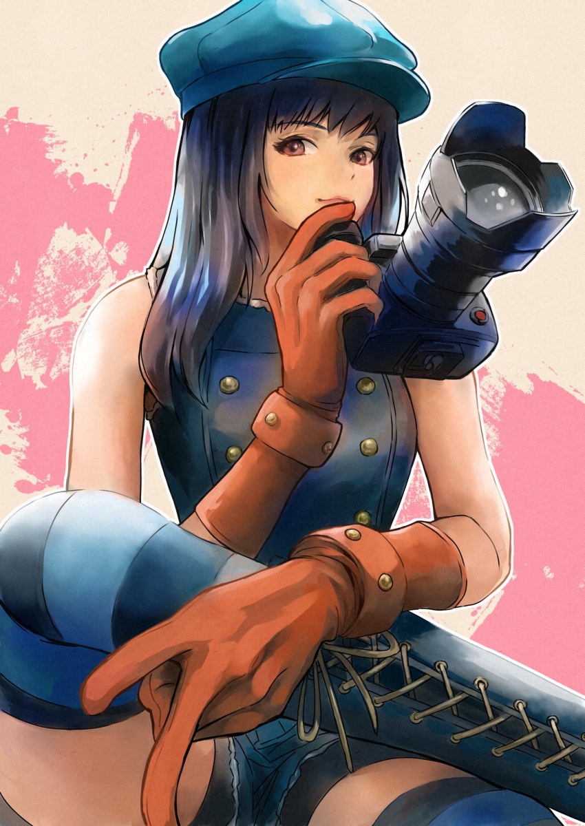 1girl bare_shoulders bike_shorts bike_shorts_under_shorts black_hair breasts brown_hair buttons cabbie_hat camera closed_mouth cowboy_shot crossed_legs denim denim_shorts double-breasted final_fantasy final_fantasy_vii final_fantasy_vii_remake gloves grey_vest hat highres holding holding_camera kyrie_canaan long_hair looking_at_viewer medium_breasts orange_gloves pulupulupoodle shorts sitting smile solo striped_clothes striped_thighhighs thigh-highs thighs vest