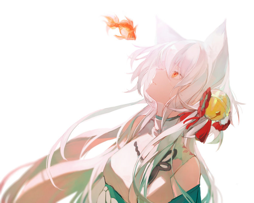 1girl animal_ears bell blurry breasts character_request copyright_request cui_(jidanhaidaitang) depth_of_field dress fox_ears hair_bell hair_ornament highres jingle_bell koi long_hair looking_at_animal looking_up medium_breasts orange_eyes parted_lips profile rope sidelocks simple_background sleeveless sleeveless_dress solo upper_body white_background white_dress white_hair