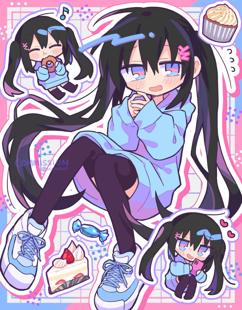 1girl ahoge black_thighhighs blue_eyes blue_hair blue_hoodie blush candy cellphone chibi commission dark_blue_hair doughnut food hair_between_eyes hair_ornament hairclip highres hood hoodie knee_up long_hair looking_at_viewer multiple_views open_mouth original own_hands_together phone richard_(richaball) shoes sidelocks simple_background sitting skeb_commission smartphone smile sneakers solo thigh-highs twintails very_long_hair