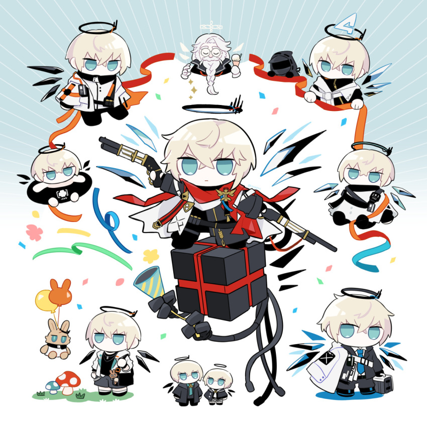2boys arknights balloon black_pants blonde_hair blue_background blue_eyes blue_necktie chibi choshanland_plushy_(arknights) commentary_request confetti crossed_bangs cube executor_(arknights) executor_(titleless_code)_(arknights) executor_the_ex_foedere_(arknights) full_body gradient_background gun halo highres holding holding_gun holding_weapon innertube jacket male_focus multiple_boys multiple_views mushroom necktie pants party_popper red_scarf scarf short_hair soppos swim_ring weapon white_background white_jacket wings yvangelista_xi_(arknights)
