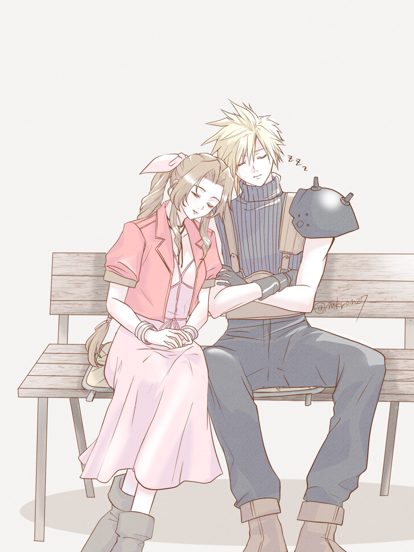 1boy 1girl absurdres aerith_gainsborough armor bangle belt bench boots bracelet braid braided_ponytail breasts brown_belt brown_footwear brown_hair choker closed_eyes cloud_strife crossed_arms dress feet_out_of_frame final_fantasy final_fantasy_vii final_fantasy_vii_remake flower_choker gloves grey_background grey_gloves grey_pants grey_shirt hair_between_eyes hair_ribbon hands_on_lap highres jacket jewelry leaning_on_person long_dress long_hair makiron medium_breasts own_hands_together pants parted_bangs pink_dress pink_ribbon red_jacket ribbon shirt short_hair short_sleeves shoulder_armor sidelocks single_braid sitting sleeping spiky_hair suspenders twitter_username wooden_bench zzz