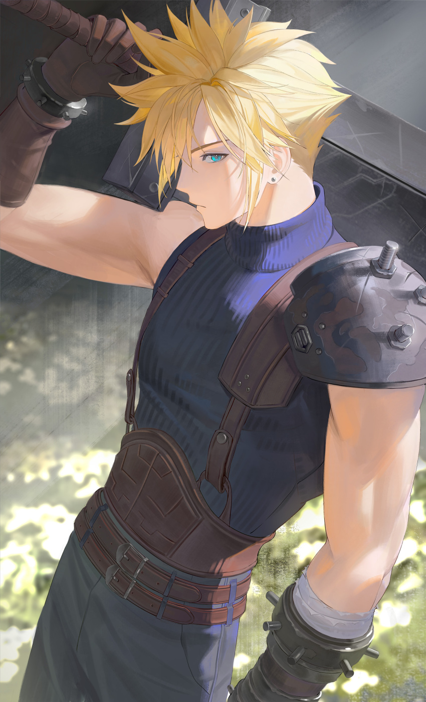 1boy absurdres aheure0329 aqua_eyes armor bandaged_arm bandages belt blonde_hair blue_pants blue_shirt brown_belt brown_gloves closed_mouth cloud_strife commentary_request earrings field final_fantasy final_fantasy_vii final_fantasy_vii_remake flower flower_field gloves hair_between_eyes hair_over_one_eye highres holding holding_sword holding_weapon jewelry korean_commentary lily_(flower) looking_at_viewer male_focus multiple_belts over_shoulder pants shirt short_hair shoulder_armor single_bare_shoulder single_earring single_shoulder_pad sleeveless sleeveless_turtleneck solo spiky_hair suspenders sword toned toned_male turtleneck weapon weapon_over_shoulder yellow_flower