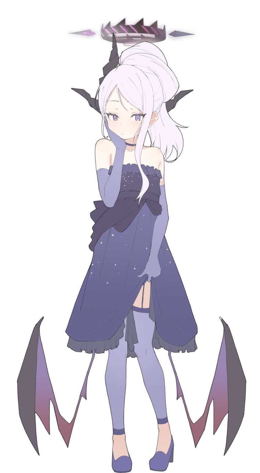 1girl absurdres black_horns blue_archive blush closed_mouth demon_horns demon_wings dress elbow_gloves full_body garter_straps gloves grey_hair halo high_heels highres hina_(blue_archive) hina_(dress)_(blue_archive) horns leggings long_hair multiple_horns official_alternate_costume official_alternate_hairstyle purple_dress purple_footwear purple_gloves purple_leggings purple_wings s10021 simple_background solo strapless strapless_dress violet_eyes white_background wings
