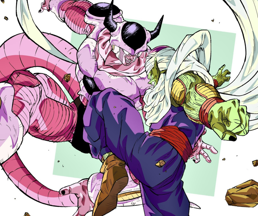 2boys alien alternate_form battle black_nails brown_footwear cape clenched_hand clenched_teeth collarbone colored_skin debris dougi dragon_ball dragon_ball_z duel frieza green_skin highres horns leg_up looking_at_another male_focus multiple_boys muscular muscular_male namekian oharu2000 open_mouth pants piccolo pink_skin pointy_ears purple_pants purple_shirt red_eyes red_sash sash shirt simple_background sleeveless tail teeth turban white_cape