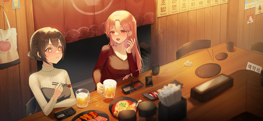 +_+ 2girls alcohol bag beer beer_mug blush breasts brown_eyes brown_hair chewing chopsticks closed_mouth commentary cup eating food hair_bun handbag heeri highres holding holding_cup holding_food indoors izakaya long_hair long_sleeves looking_at_another medium_breasts menu_board mug multiple_girls night on_chair open_mouth orange_hair original parted_bangs red_eyes red_shirt restaurant shirt short_hair sign single_hair_bun sitting smile straight_hair sweater symbol-only_commentary white_sweater