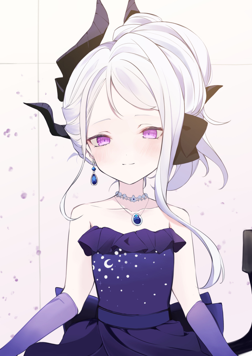 1girl absurdres black_horns blue_archive blush closed_mouth demon_horns dress earrings elbow_gloves gloves highres hina_(blue_archive) hina_(dress)_(blue_archive) horns jewelry long_hair looking_at_viewer multiple_earrings multiple_horns necklace official_alternate_costume official_alternate_hairstyle pendant purple_dress purple_gloves smile solo straight-on strapless strapless_dress toku_(toku_9730) upper_body violet_eyes white_hair