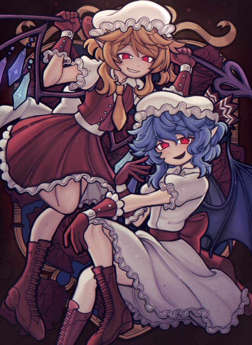 2girls ascot back_bow bat_wings blonde_hair blue_hair boots bow brown_footwear collared_shirt cross-laced_footwear crystal flandre_scarlet frilled_gloves frilled_skirt frills gloves glowing glowing_eyes hand_up hat hat_ribbon highres lace-up_boots laevatein_(touhou) looking_at_viewer medium_hair mob_cap multiple_girls pointy_ears puffy_short_sleeves puffy_sleeves red_bow red_eyes red_gloves red_skirt red_vest remilia_scarlet ribbon russian_commentary shirt short_sleeves skirt smug touhou vest white_bow white_headwear white_shirt white_skirt wings yellow_ascot