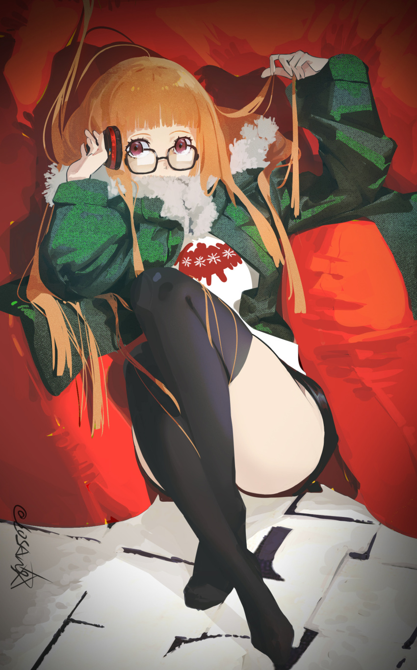 1girl absurdres ahoge behind-the-head_headphones black_shorts black_thighhighs blunt_bangs crossed_ankles cushion full_body fur-trimmed_jacket fur_trim glasses green_jacket headphones highres jacket long_hair looking_at_viewer luo29541090 no_shoes orange_hair persona persona_5 sakura_futaba shirt short_shorts shorts signature sitting solo thigh-highs thighs violet_eyes white_shirt