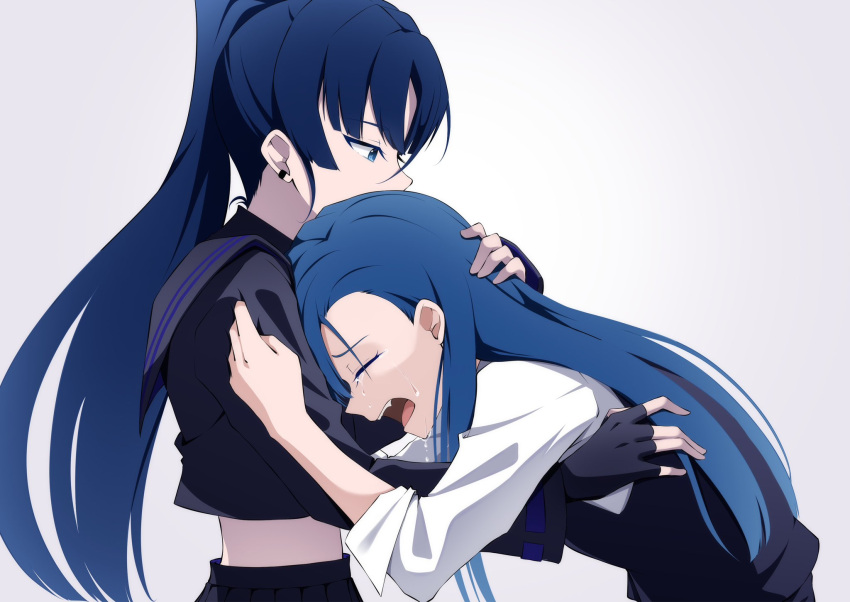 2girls ado_(utaite) black_gloves black_sailor_collar black_serafuku black_shirt black_skirt black_vest blue_eyes blue_hair cloud_nine_inc commentary_request cowboy_shot crop_top cropped_shirt crying earclip fingerless_gloves gloves grey_background hand_on_another's_head highres hug lone_nape_hair long_hair long_sleeves merry_(ado) multiple_girls naima_(ado) nori_(norinori_yrl) open_mouth pleated_skirt ponytail readymade_(ado) sailor_collar school_uniform serafuku shirt simple_background skirt sleeves_past_elbows teeth upper_body upper_teeth_only usseewa vest voice_actor_connection white_shirt