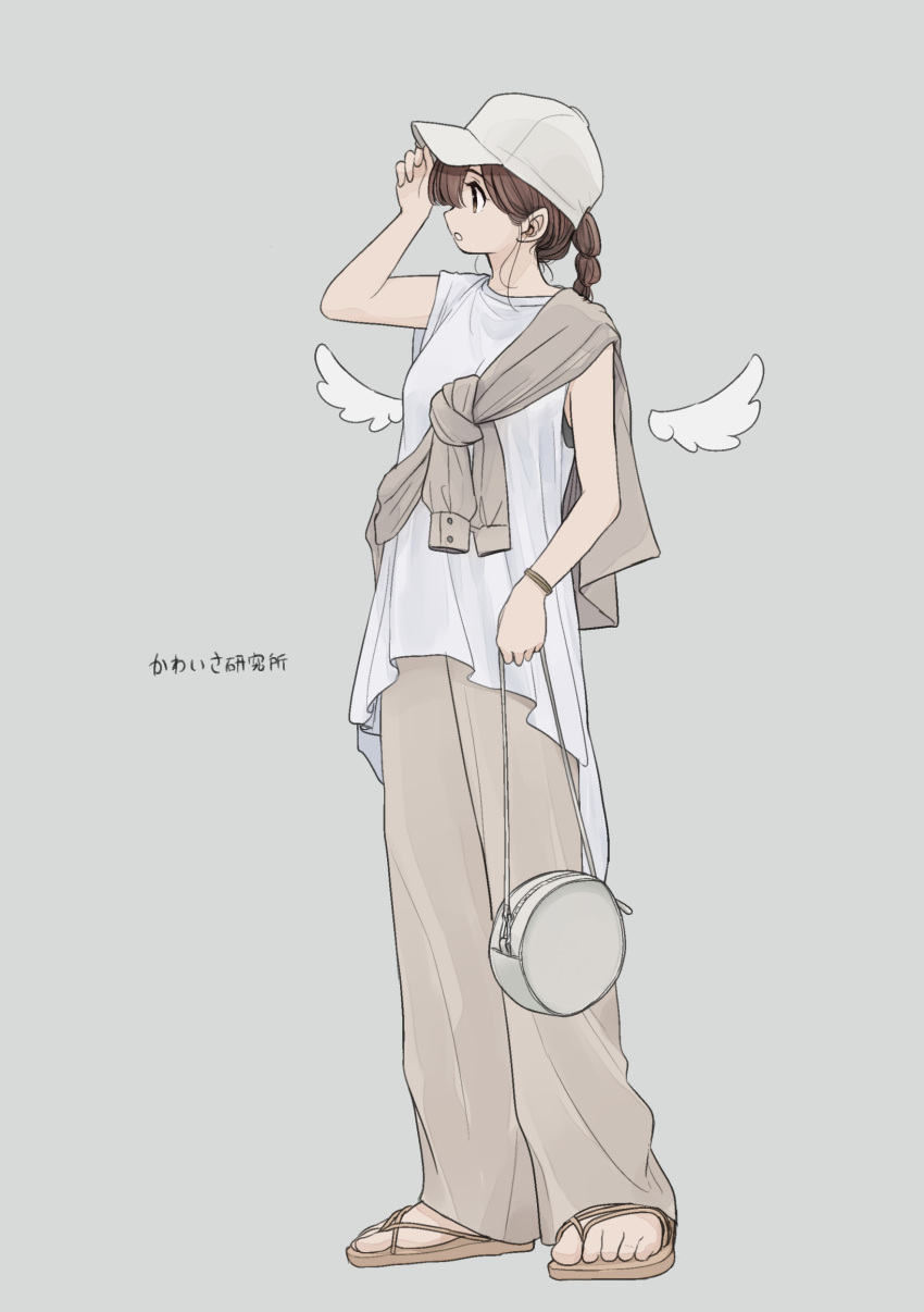 1girl absurdres angel_wings azumaya_toushirou bag baseball_cap bracelet braid brown_eyes brown_hair detached_wings full_body grey_background hand_on_headwear hand_up handbag hat highres holding holding_bag jewelry looking_to_the_side mini_wings original over_shoulder pants parted_lips profile sandals shirt simple_background sleeveless sleeveless_shirt solo standing white_headwear white_shirt wings